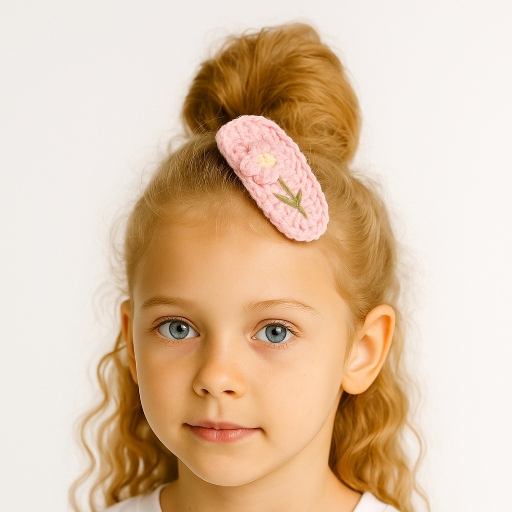 Hand Crafted Hand Knit Crochet Snap Hair Clip Pink floral decor handmade bow